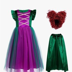 NWT 3-Piece Witch Costume Set – Dress, Cape & Wig – Purple & Green 5-6 yrs